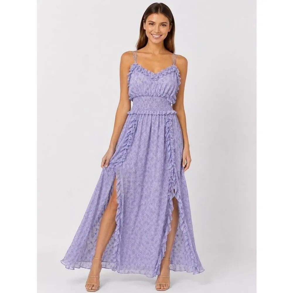 Elliatt Lavender Floral Ruffle Maxi Dress Smocked Side Slit Small